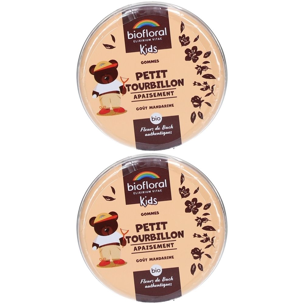 Deux boîtes rondes BIOFLORAL Kids. Inscription : PETIT TOURBILLON, APAISEMENT, GOUT MANDARINE. Avec label Bio et illustration d'ours en peluche.