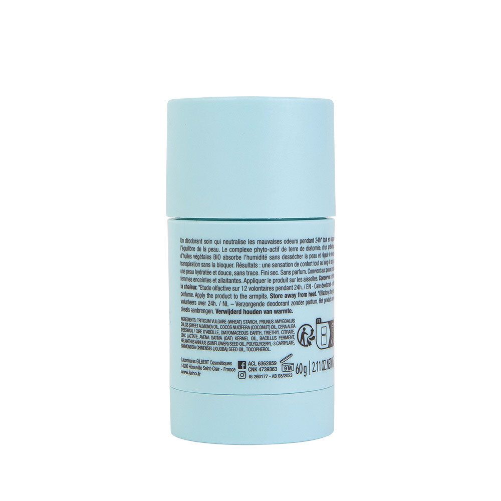 Emballage déodorant bleu clair avec étiquette arrière listant les ingrédients et le poids (60g).