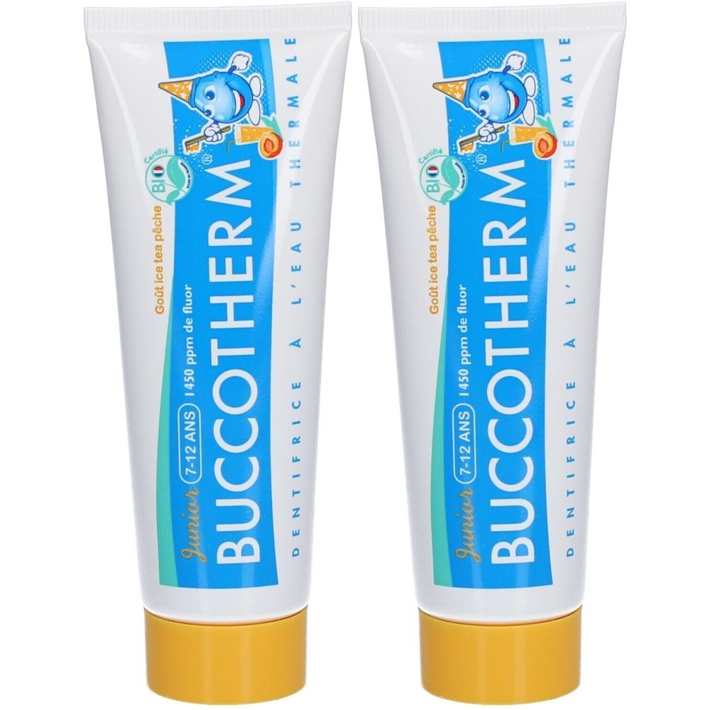 Deux tubes de dentifrice BUCCOTHERM Junior 7-12 ans, goût Ice Tea pêche, avec label Bio et 1450 ppm de fluor.