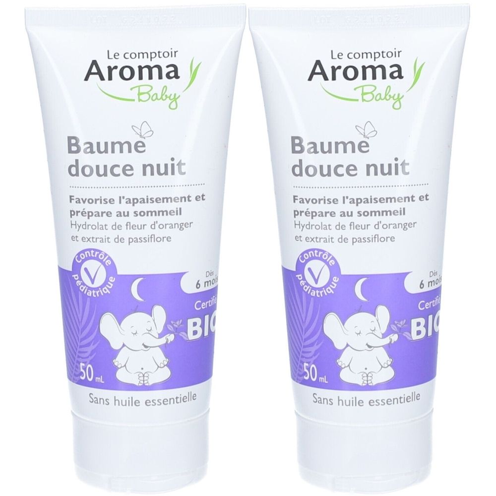 Deux tubes de crème. Inscription: Le comptoir Aroma Baby, Baume douce nuit. Étiquette violette avec éléphant et lune. 50 ml.