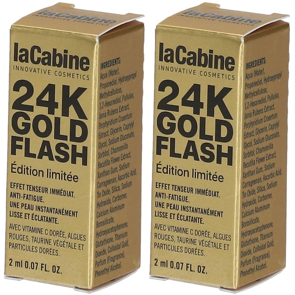 Deux boîtes dorées. Inscription: LaCabine 24K Gold Flash, Edition limitée. Contient 2 ml.