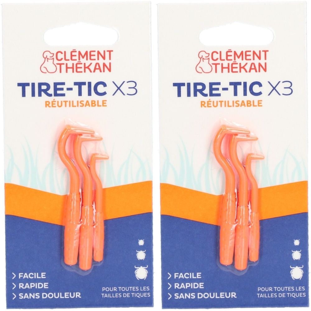 Deux emballages blister de tire-tiques orange. Inscription : CLEMENT THEKAN TIRE-TIC X3, réutilisable. Facile, rapide, sans douleur.