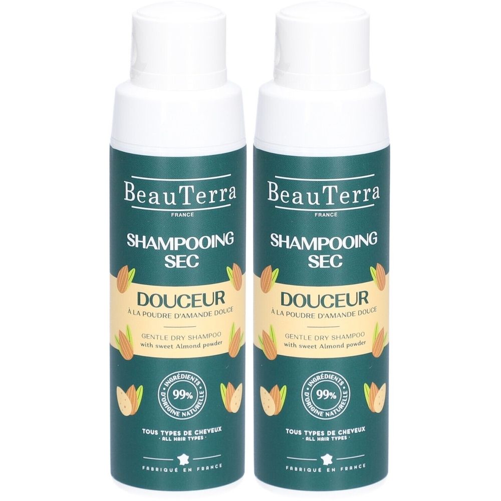 Deux flacons de shampooing sec. Inscription: BeauTerra, Shampooing Sec Douceur. Logo d'amande et 99% d'ingrédients naturels.