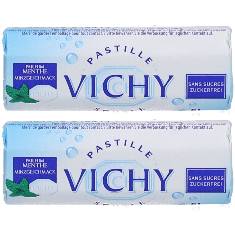 Deux emballages de Pastille Vichy, parfum menthe sans sucre. Emballage blanc avec détails bleus, inscription Vichy.