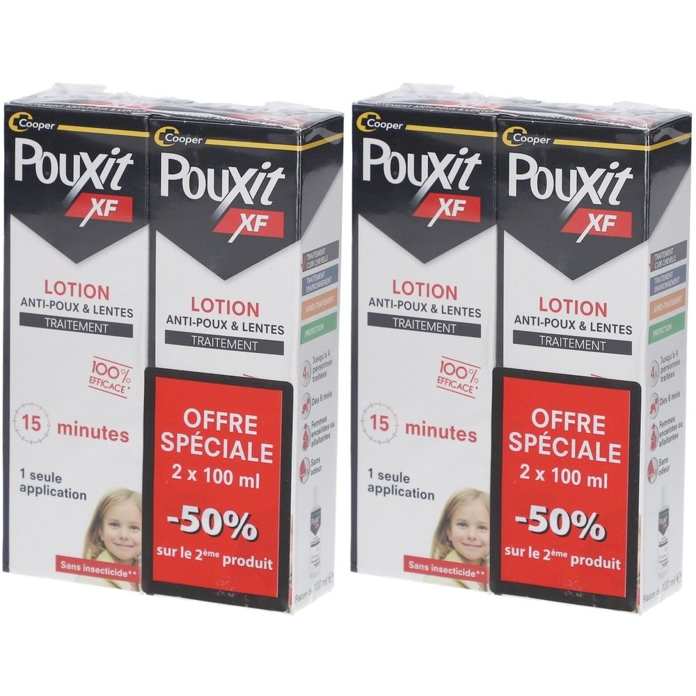 Deux boîtes de Pouxit XF Lotion. Emballage noir et blanc avec étiquette rouge. Texte : Anti-Poux & Lentes, 15 minutes, 100% efficace.