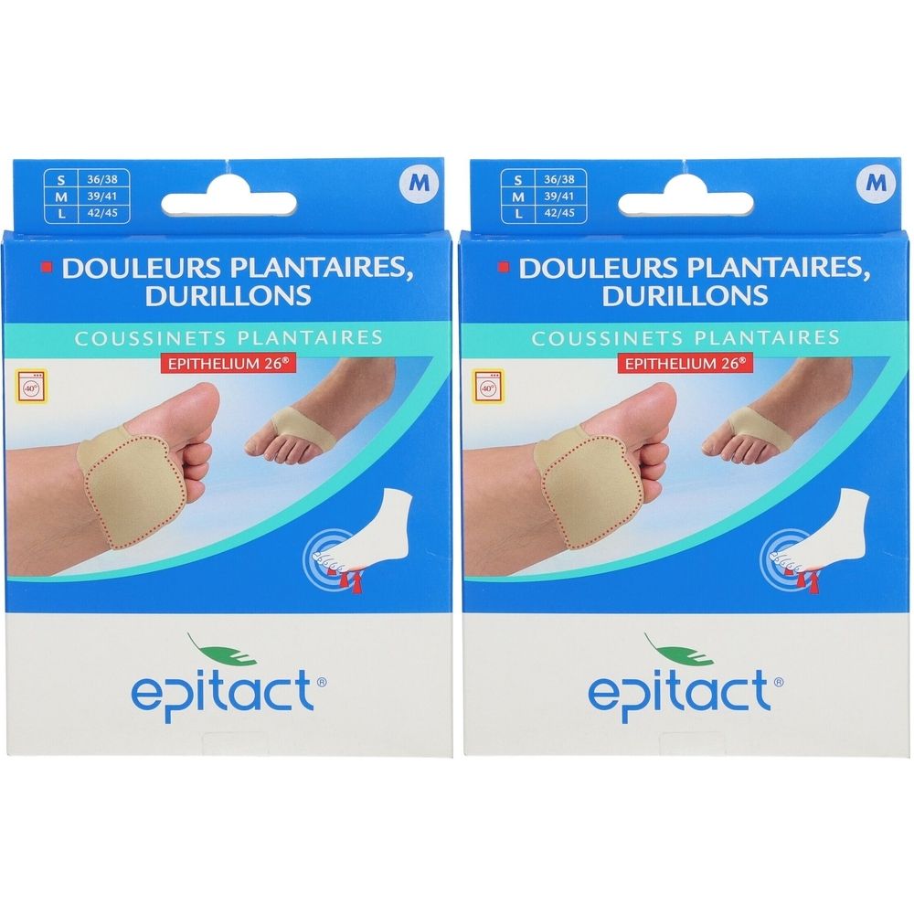 Deux boîtes de coussinets plantaires epitact®. Inscription : DOULEURS PLANTAIRES, DURILLONS, COUSSINETS PLANTAIRES. Taille M. Illustration d'un pied avec le produit.