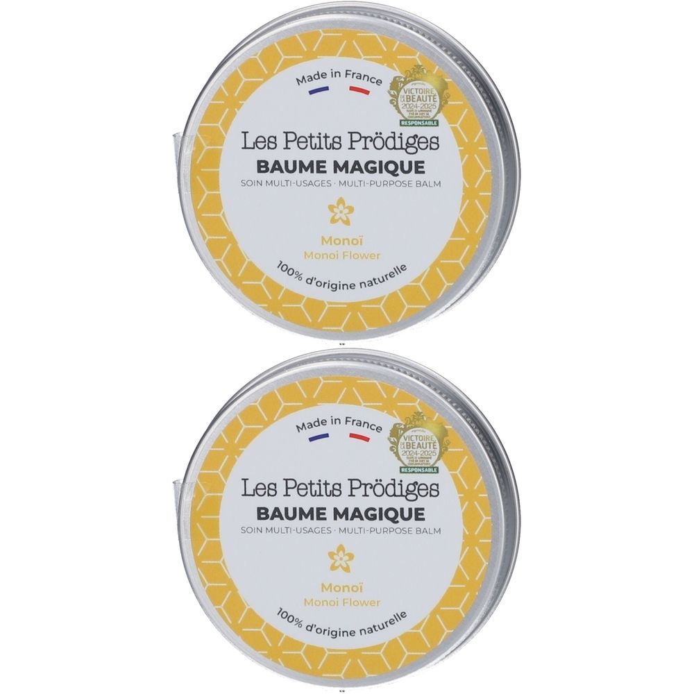 Deux boîtes rondes en métal. Inscription: Les Petits Prödiges, Baume Magique, Monoi. Avec indication d'origine française et logo qualité.
