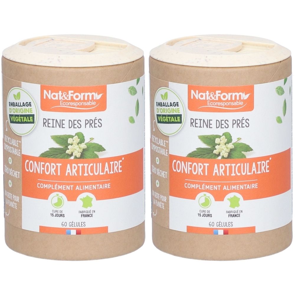 Deux boîtes cylindriques avec étiquettes. Inscription : Nat&Form, Reine des prés, Confort articulaire, complément alimentaire. 60 gélules.