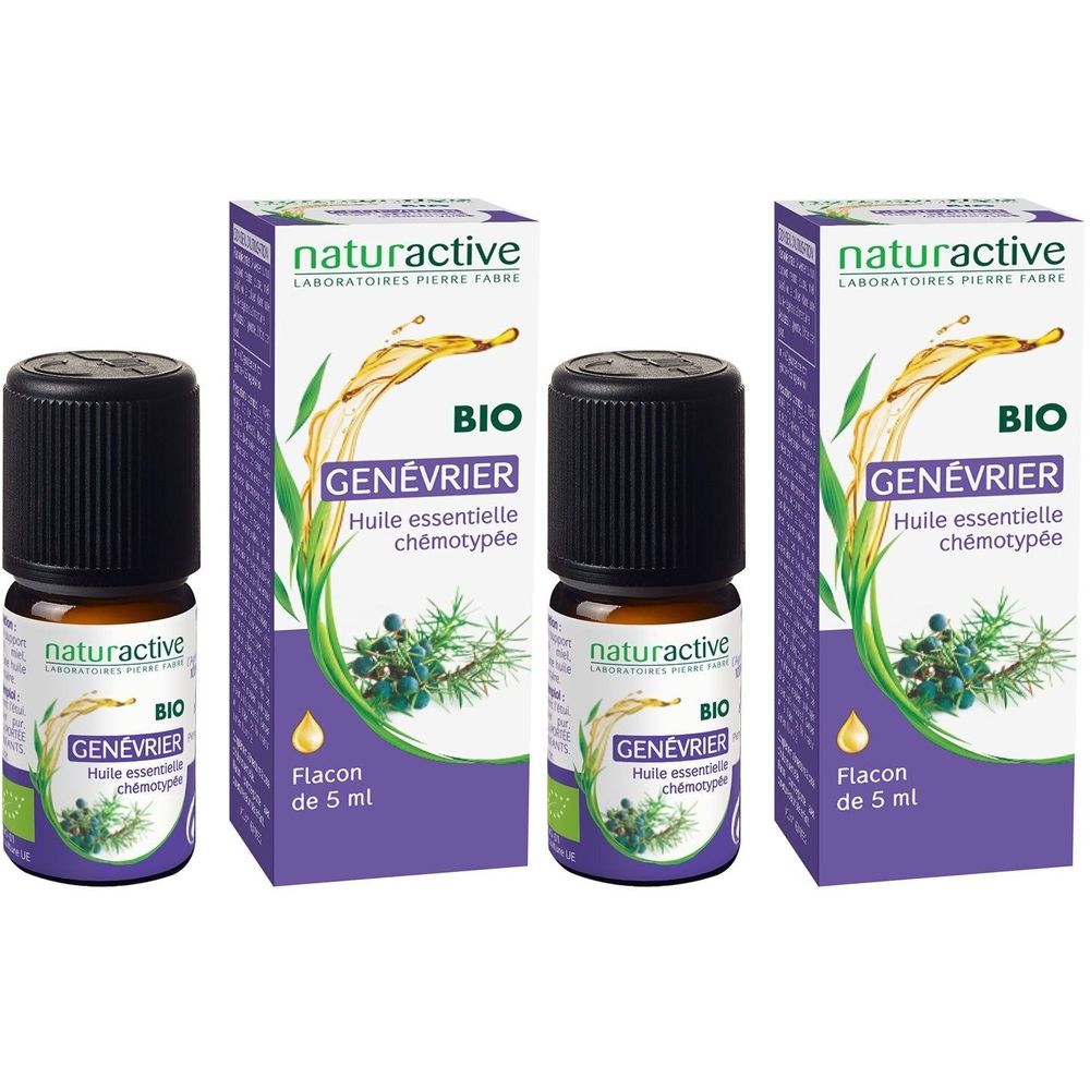 Trois flacons et deux boîtes. Inscription: naturactive BIO Genévrier Huile essentielle chémotypée. Flacon de 5 ml.