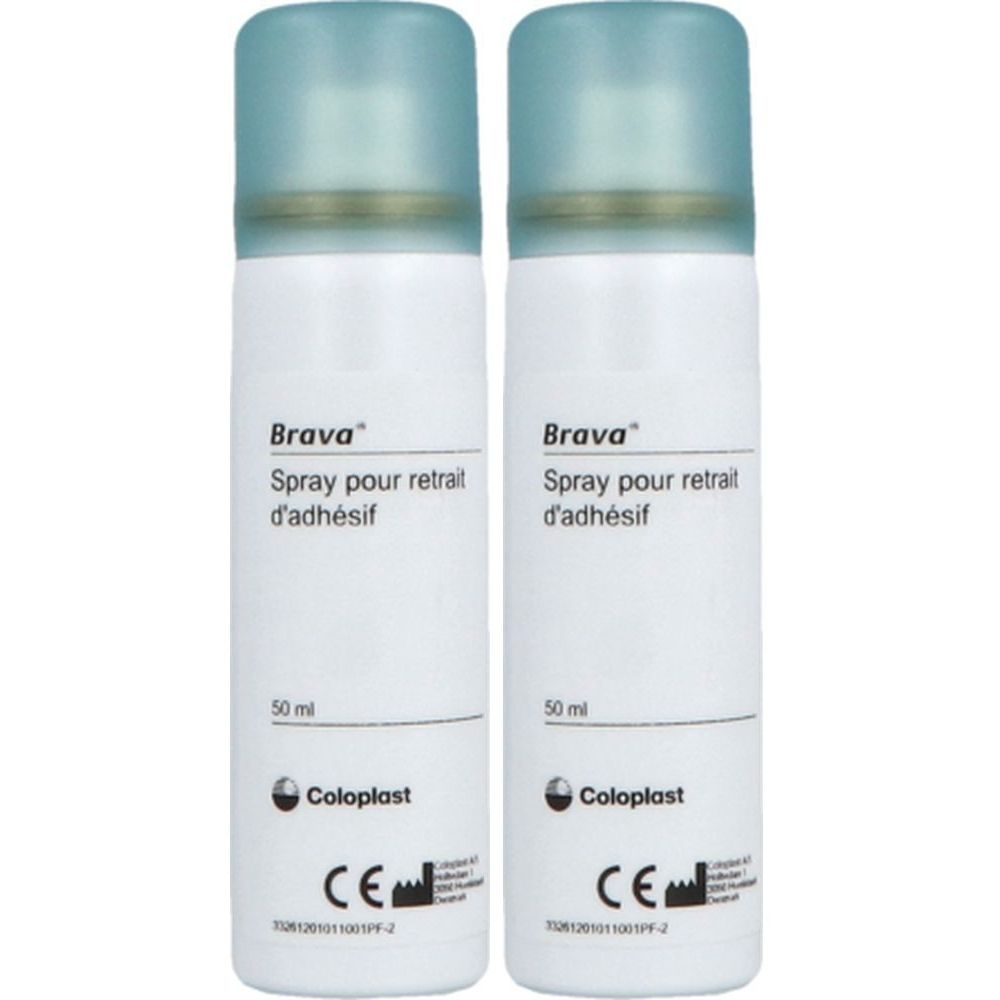 Deux sprays avec bouchons bleus. Inscription : Brava Spray pour retrait d'adhésif. Marque : Coloplast. Avec marquage CE.