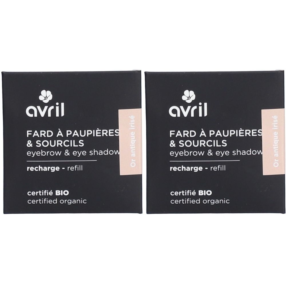 Deux boîtes noires carrées avec le logo "avril", "Fard à paupières & sourcils", "certifié BIO" et "Or antique irisé".