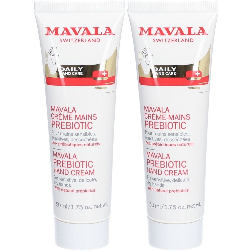 Deux tubes de crème pour les mains. Inscription : MAVALA, Crème-Mains Prebiotic, 50ml. Tubes blancs avec texte rouge et doré. Pour mains sensibles et sèches.