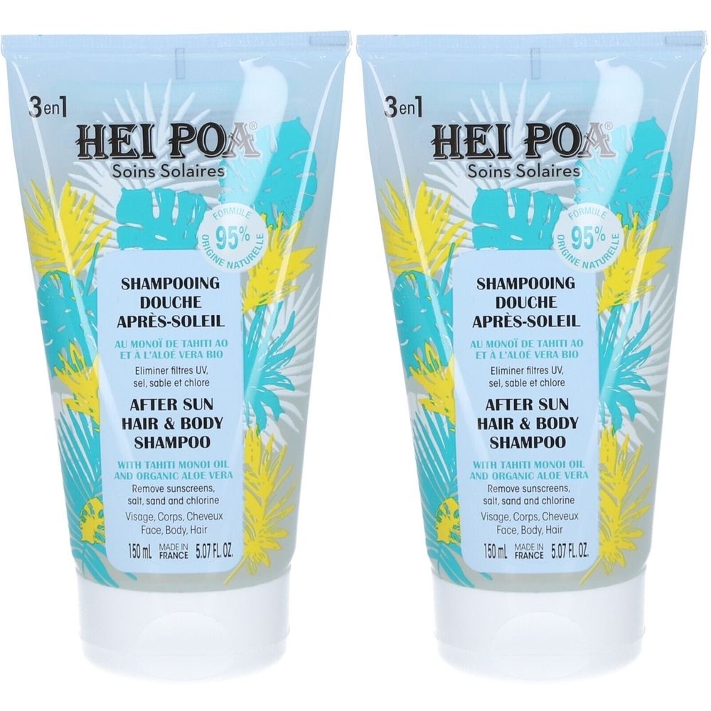 Deux tubes de shampooing douche après-soleil HEI POA. Emballage bleu clair avec nom du produit et informations. 95% ingrédients naturels.