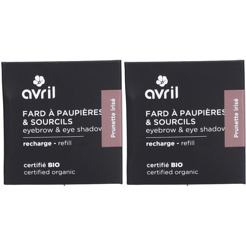Deux recharges carrées de fard à paupières et sourcils. Emballage noir avec texte blanc. Marque : Avril. Nom : Prunette Irisé. Certifié BIO.