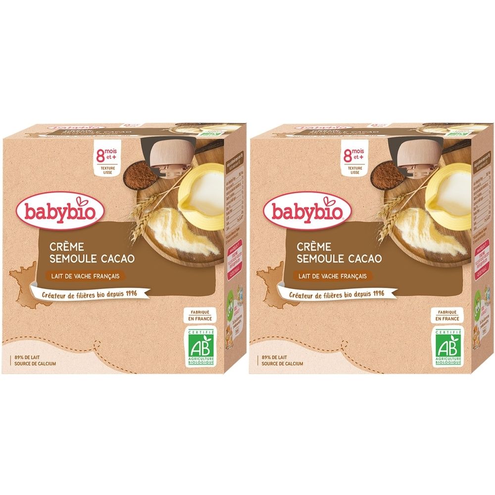 Deux boîtes Babybio Crème Semoule Cacao. Inscriptions: 8 mois+, label AB, Crème Semoule Cacao, Lait de vache français.