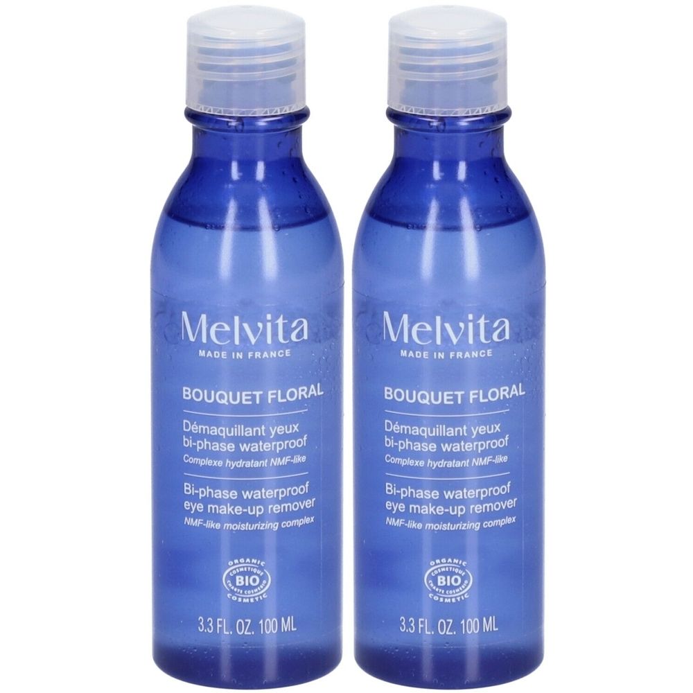 Deux flacons bleus avec bouchons blancs. Inscription: Melvita, Bouquet Floral, démaquillant yeux. Certification Bio.