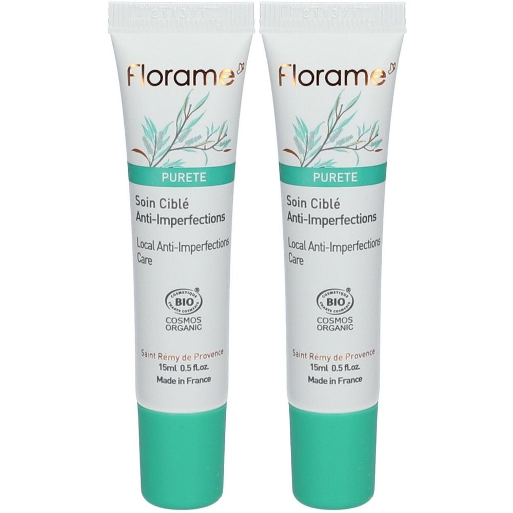 Deux tubes de crème blanche. Inscriptions : "Florame", "PURETE", "Soin Ciblé Anti-Imperfections". Certification Bio.