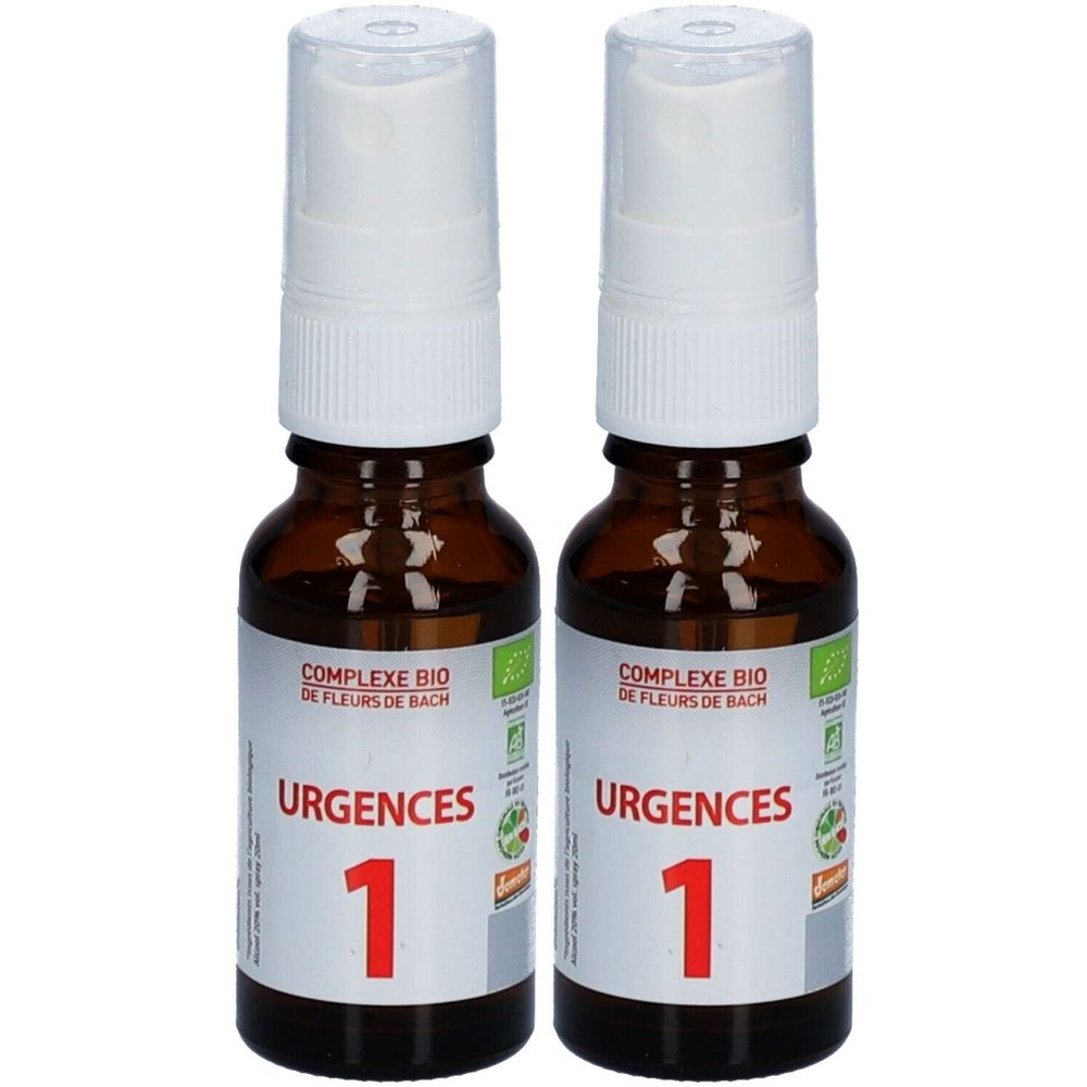 Deux flacons bruns avec vaporisateur blanc. Étiquettes avec "URGENCES 1" et "COMPLEXE BIO DE FLEURS DE BACH".