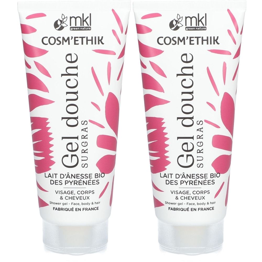 Deux tubes de gel douche. Blanc avec motif floral rose. Texte: COSM'ETHIK, Gel douche, Lait d'ânesse bio des Pyrénées, Visage, corps & cheveux.