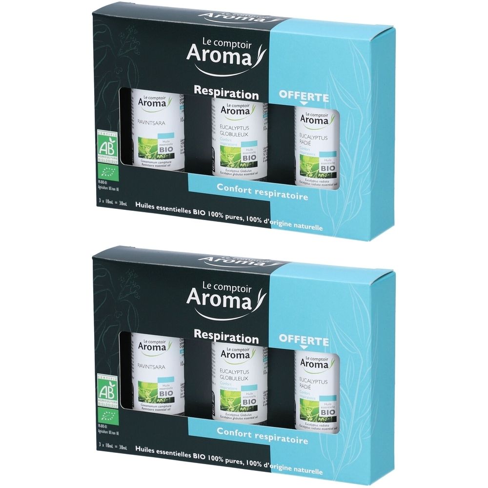 Deux coffrets de trois flacons d'huiles essentielles. Inscriptions: Le comptoir Aroma, Respiration, BIO. Avec label AB.