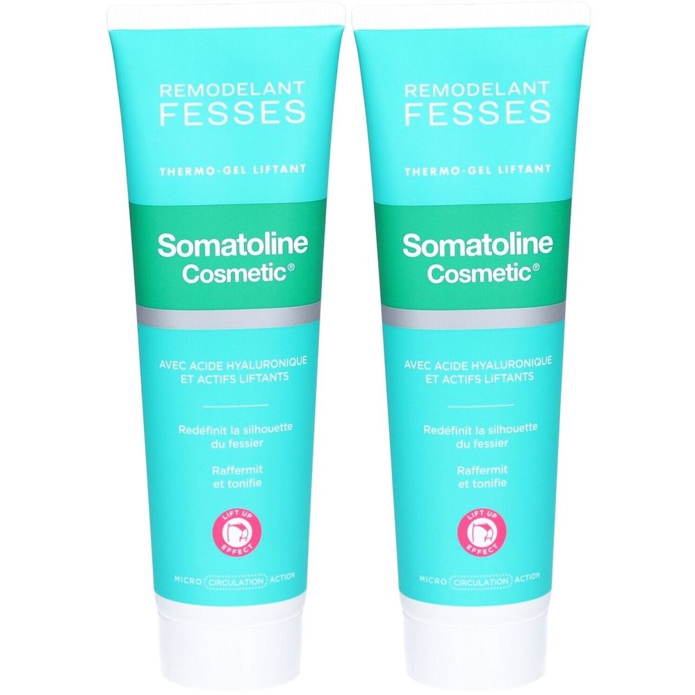 Deux tubes de crème. Fond turquoise, inscription: REMODELANT FESSES, Somatoline Cosmetic. Contient de l'acide hyaluronique et des actifs liftants.