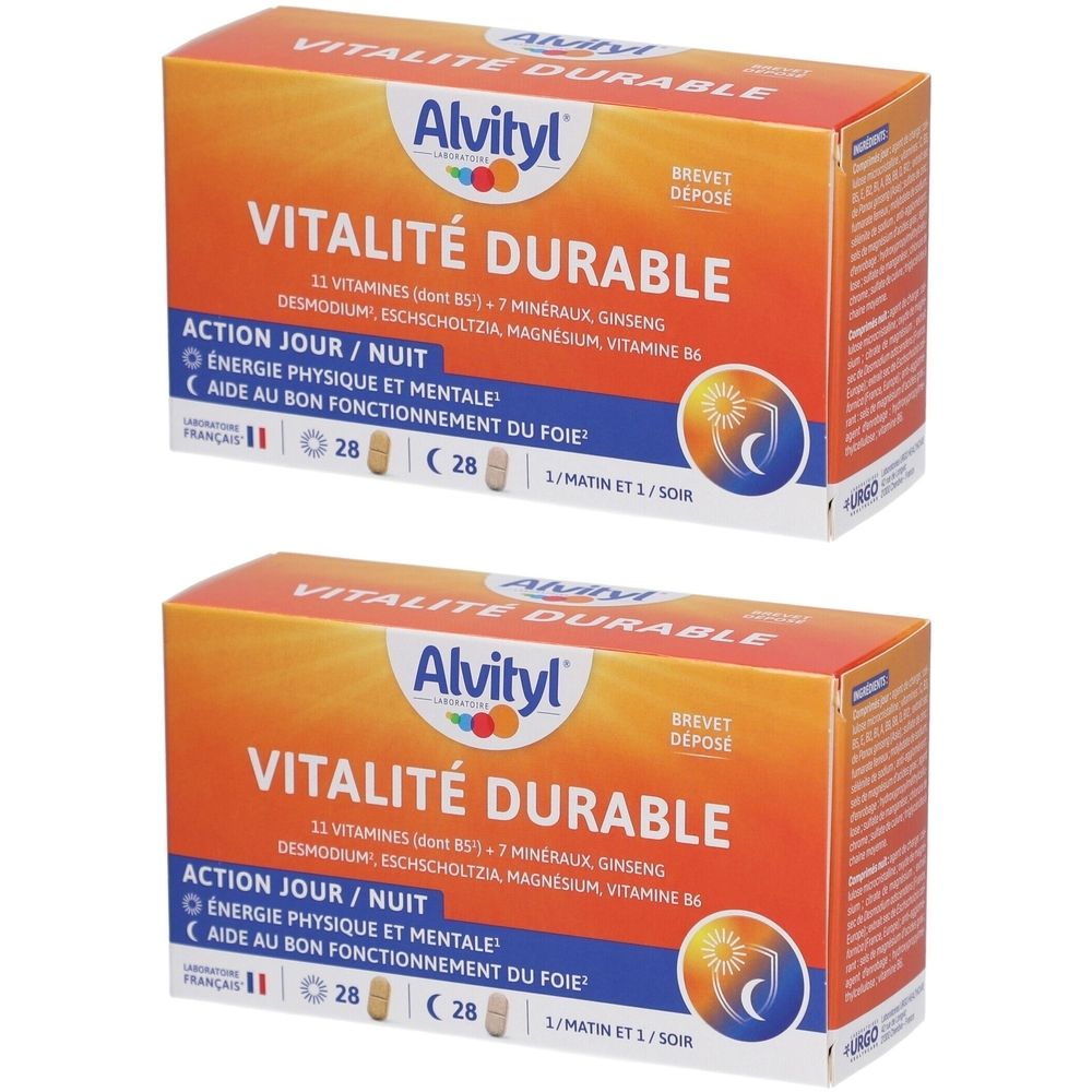 Deux boîtes orange avec "Vitalité Durable" et le logo "Alvityl". Contiennent 28 comprimés.