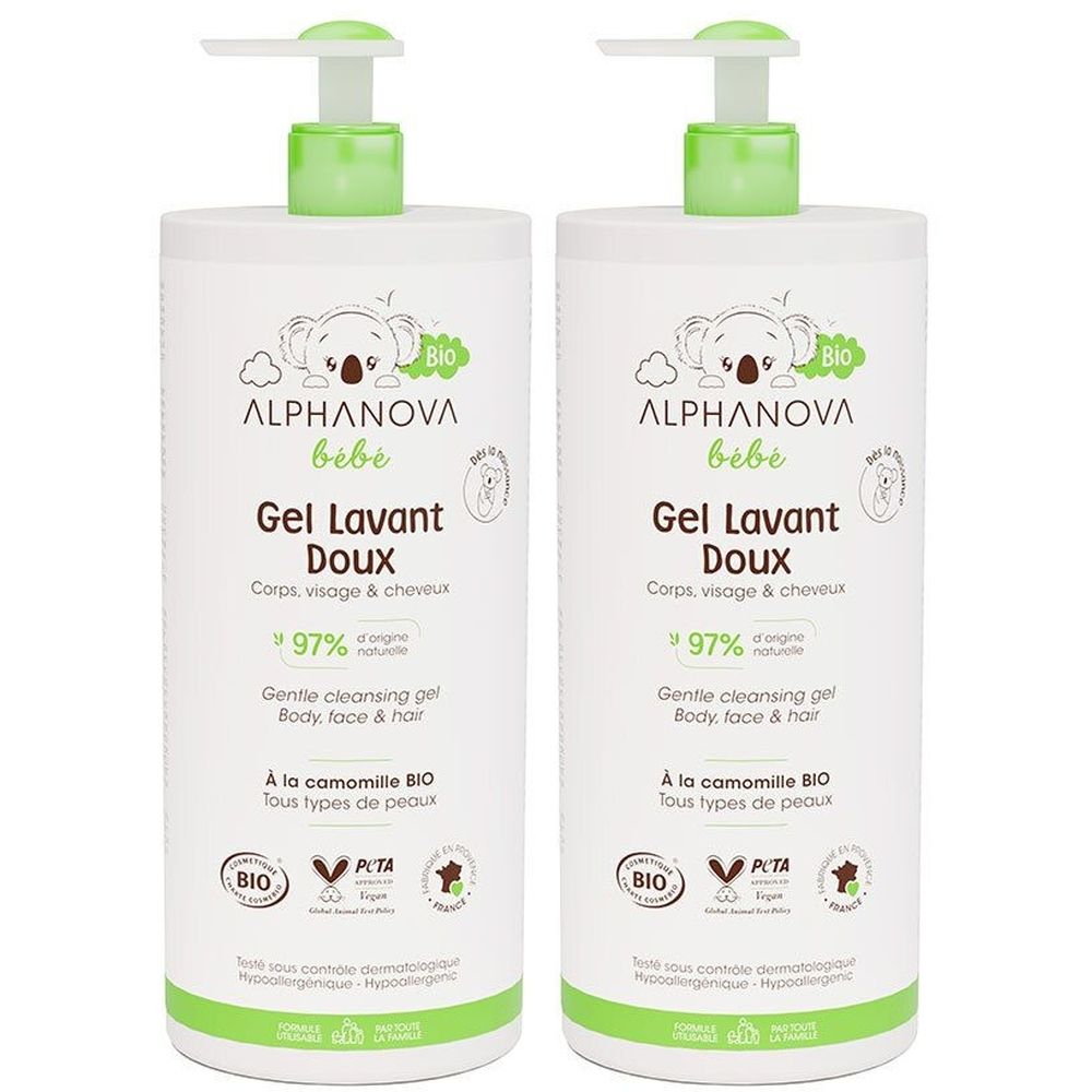 Deux flacons blancs avec pompe verte. Inscription: ALPHANOVA bébé Gel Lavant Doux. Certification Bio.