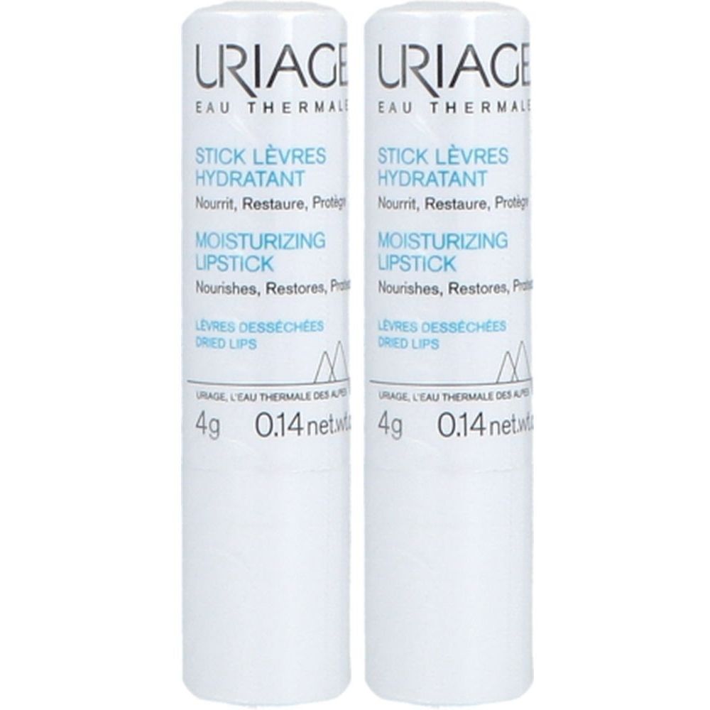 Deux sticks à lèvres blancs. Inscription: URIAGE, Stick Lèvres Hydratant, Moisturizing Lipstick. 4g, 0.14 net.
