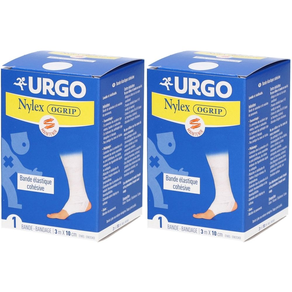 Deux boîtes bleues avec bandage élastique blanc. Inscription: URGO Nylex OGRIP. Bande 3m x 10cm.