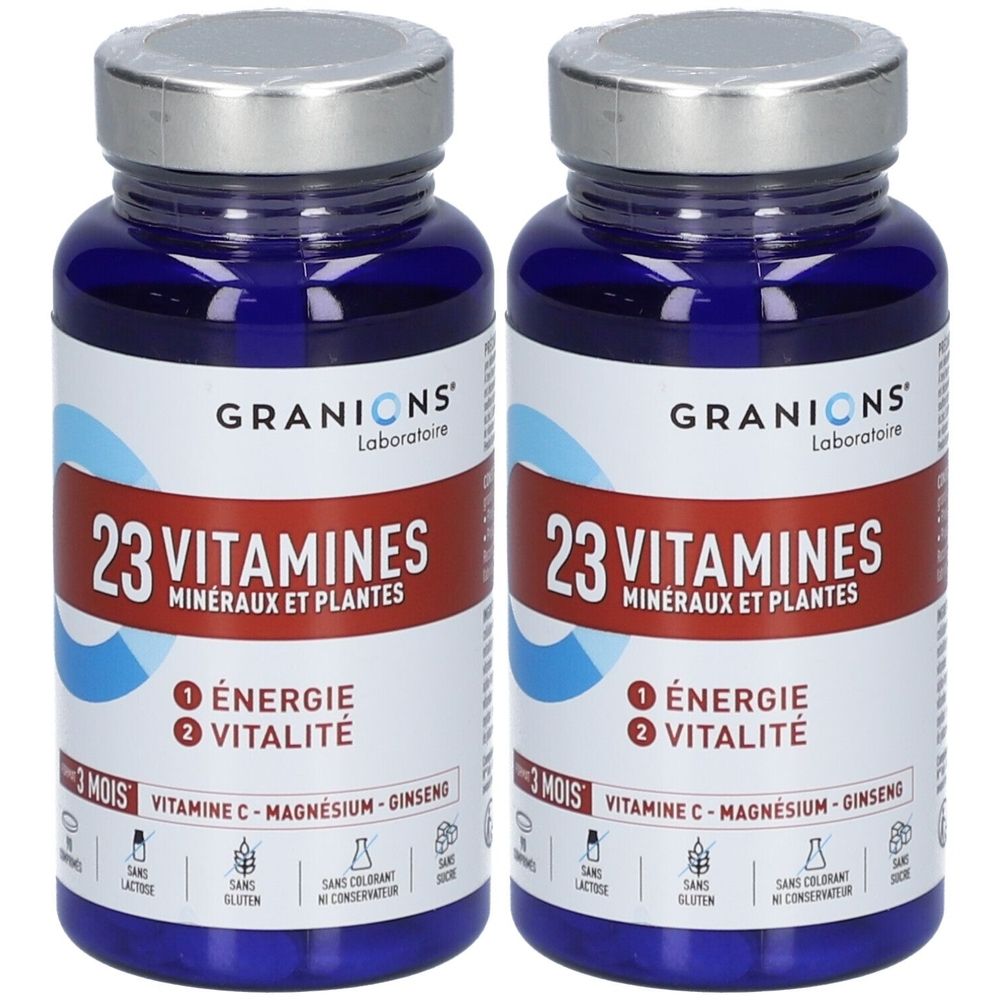 Deux flacons bleus avec bouchons argentés. Inscription: GRANIONS, 23 VITAMINES, Minéraux et Plantes. Contient vitamine C, magnésium, ginseng.