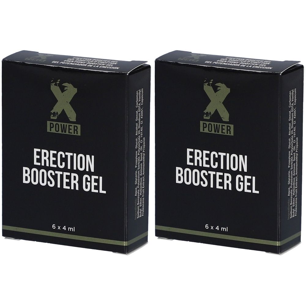 Deux boîtes noires avec texte blanc. Inscription: ERECTION BOOSTER GEL, 6 x 4 ml. Logo: X POWER.