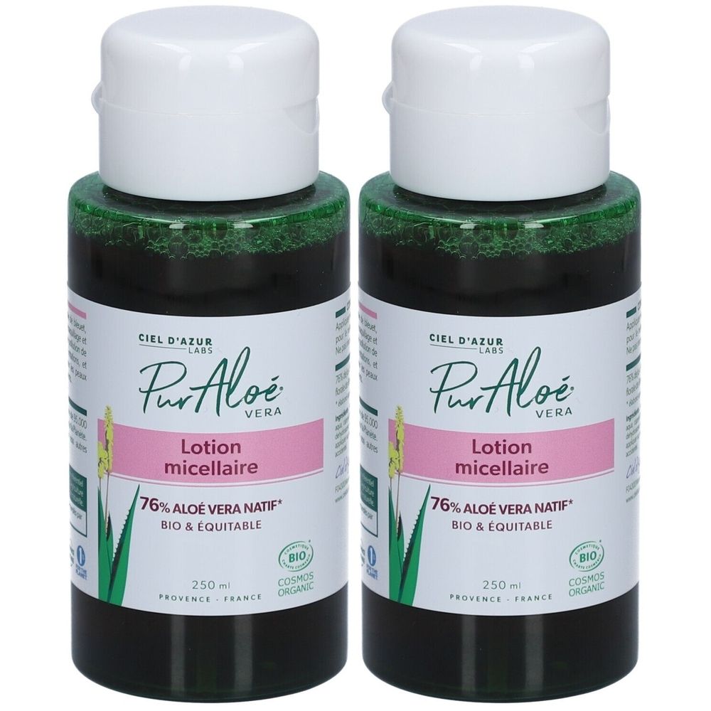 Deux flacons de lotion micellaire PurAloé. Bouchons blancs, liquide vert. Étiquettes avec texte et logo.