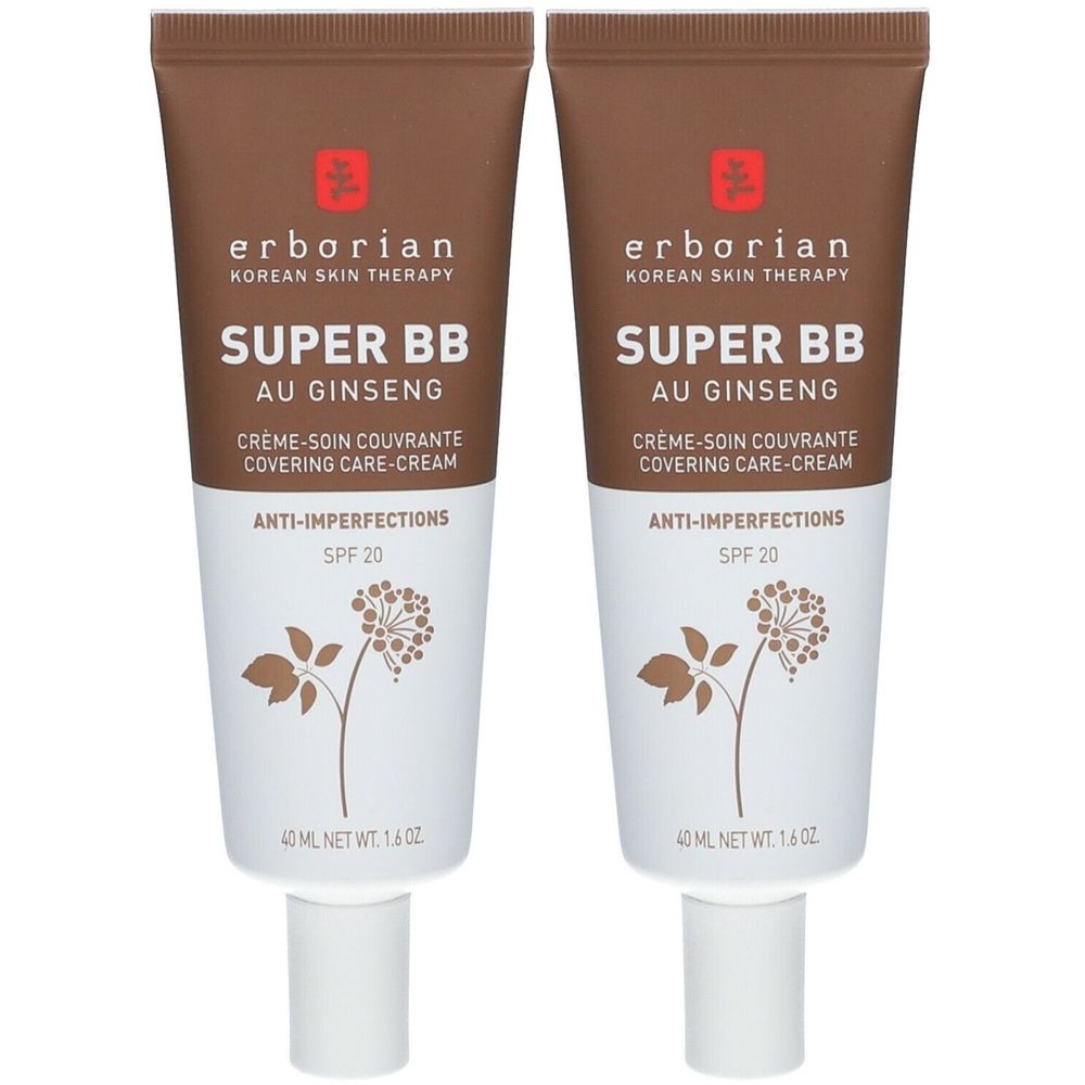 Deux tubes de crème Erborian Super BB au Ginseng. Crème-soin couvrante, anti-imperfections, SPF 20. Contenance: 40 ml.