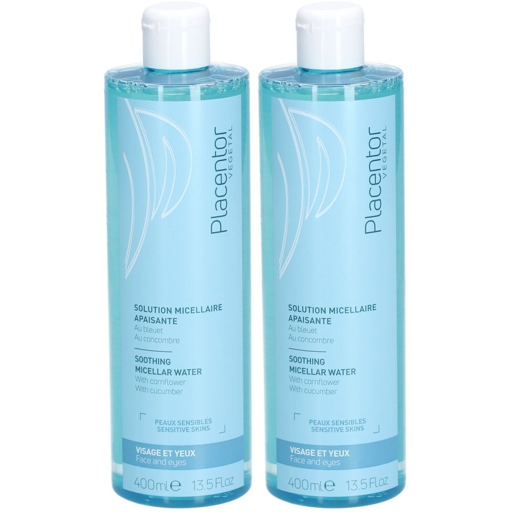 Deux flacons bleus. Inscription: Placentor Vegetal, Solution Micellaire Apaisante, Soothing Micellar Water. Pour peaux sensibles. 400ml.