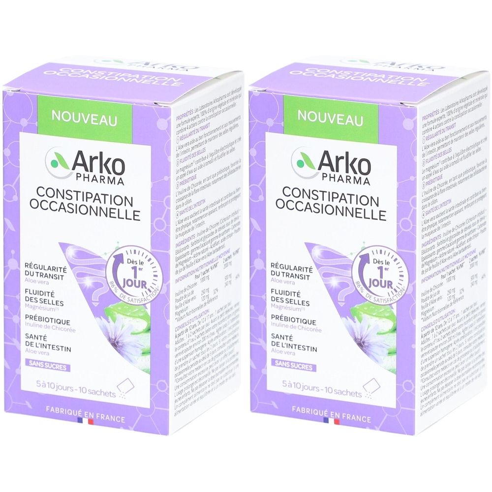 Deux boîtes violettes. Inscription: Arko Pharma, Constipation occasionnelle. Logo et informations sur la santé intestinale.