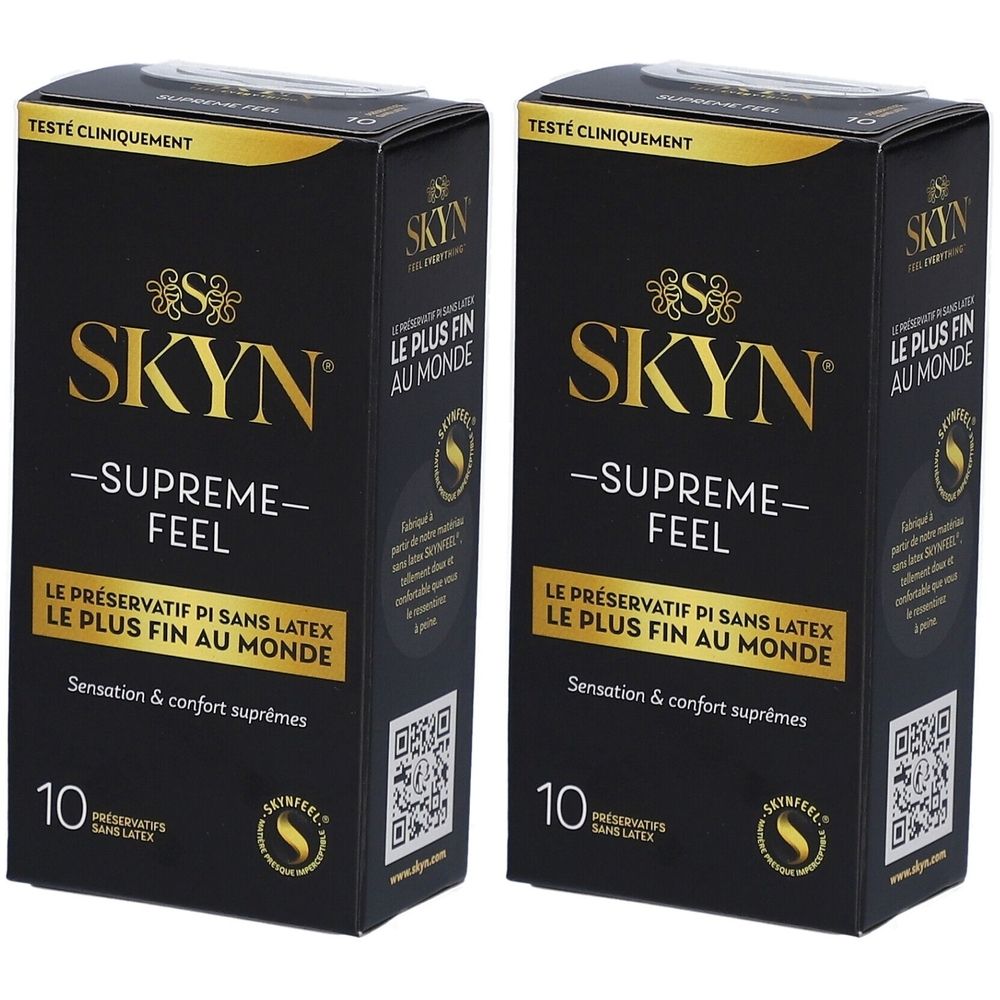 Deux boîtes noires avec texte doré. Inscription: SKYN Supreme Feel, 10 préservatifs sans latex. Texte en français.