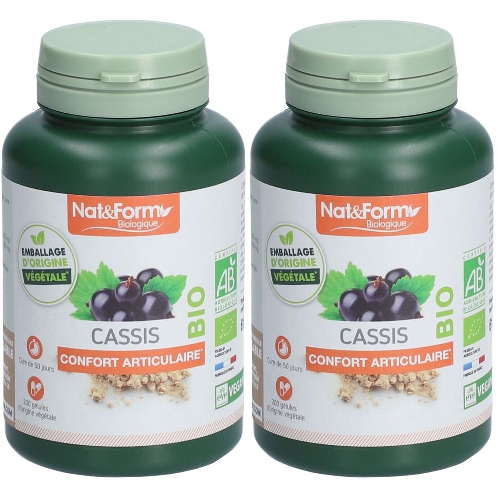 Deux flacons verts avec couvercles. Étiquettes avec "Nat&Form", "Cassis" et "Confort Articulaire". Certification Bio.
