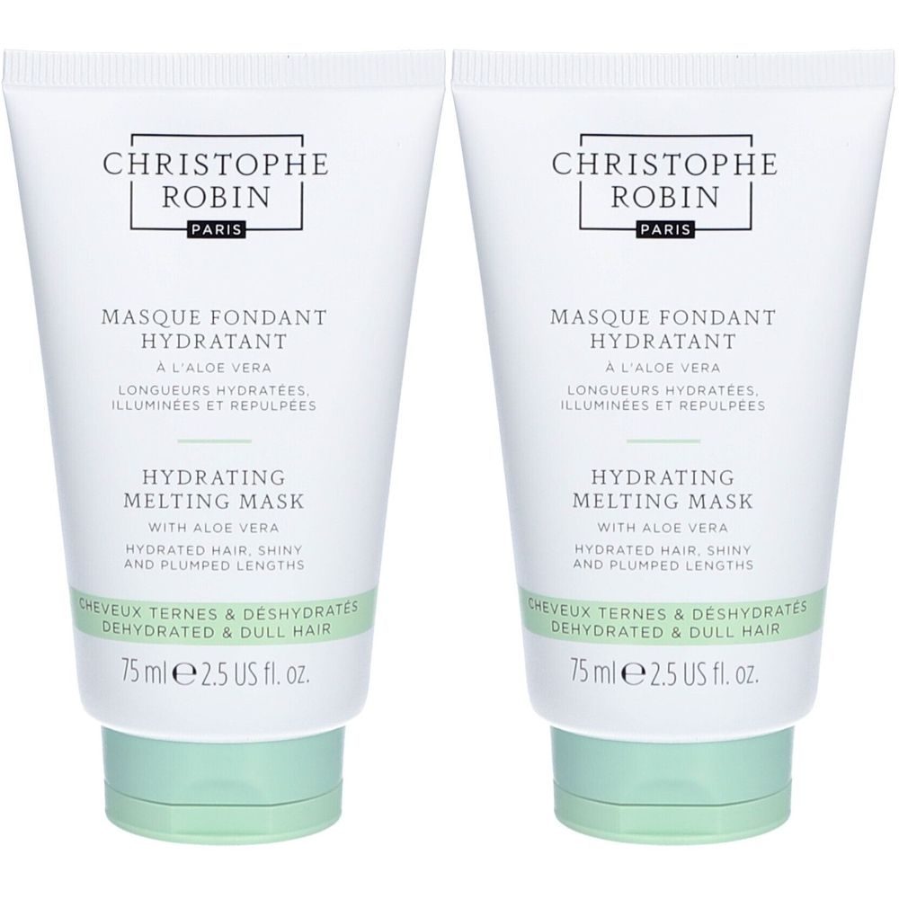 Deux tubes de Masque Fondant Hydratant CHRISTOPHE ROBIN. Tubes blancs avec accents verts et texte. Contient de l'aloe vera.