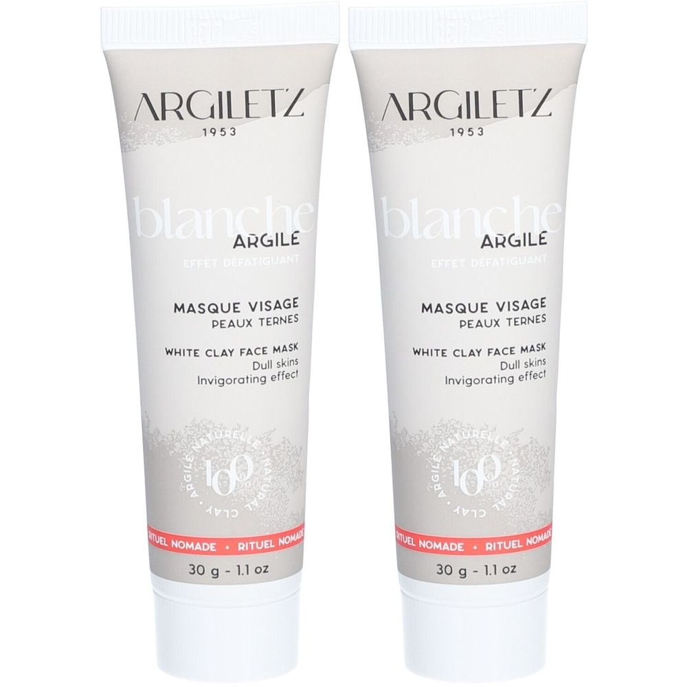 Deux tubes de masque ARGILETZ à l'argile blanche. Tubes blancs avec informations et logo. 30g.