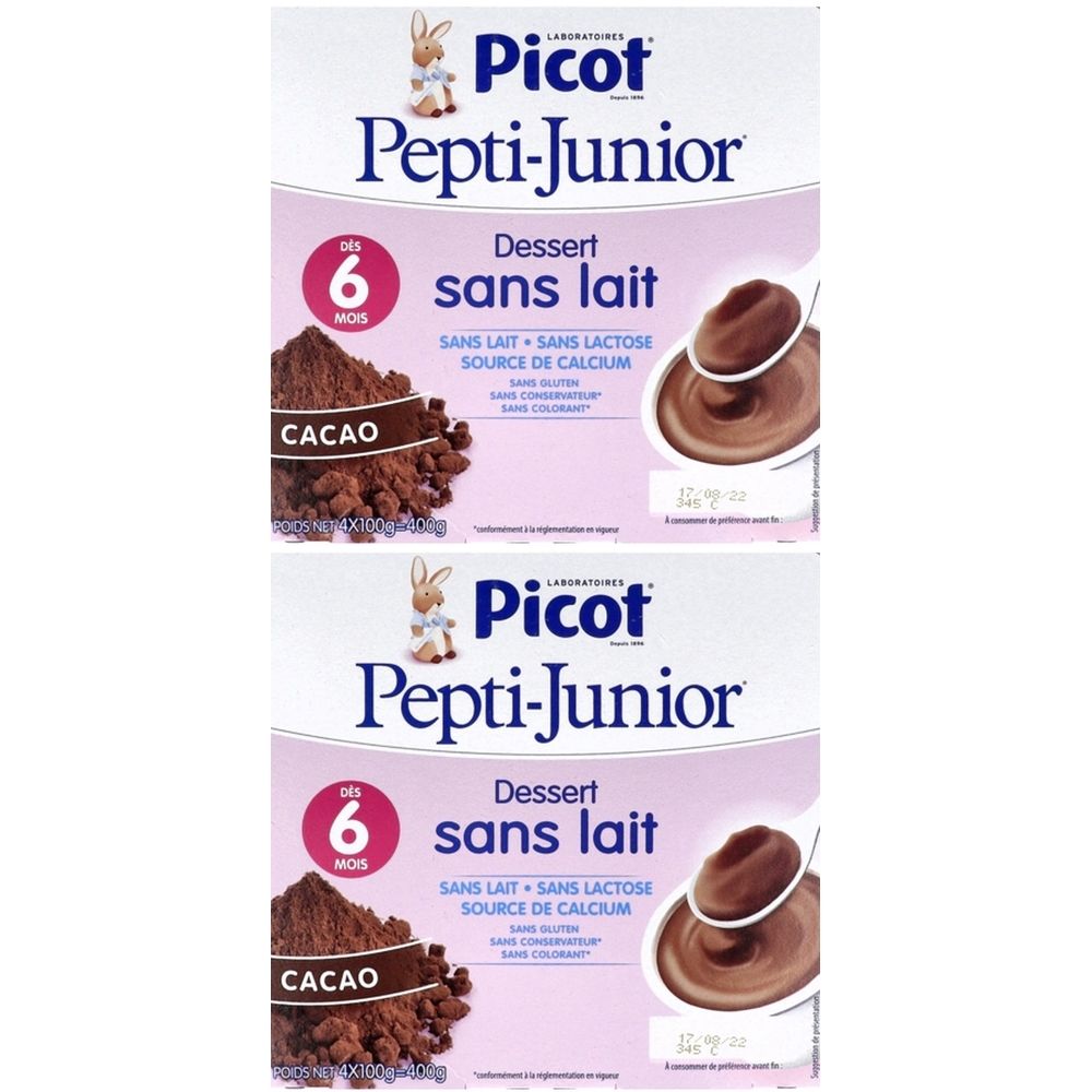 Deux boîtes de dessert Picot Pepti-Junior sans lait, saveur cacao. Inscription : 6 mois, sans lactose, source de calcium.