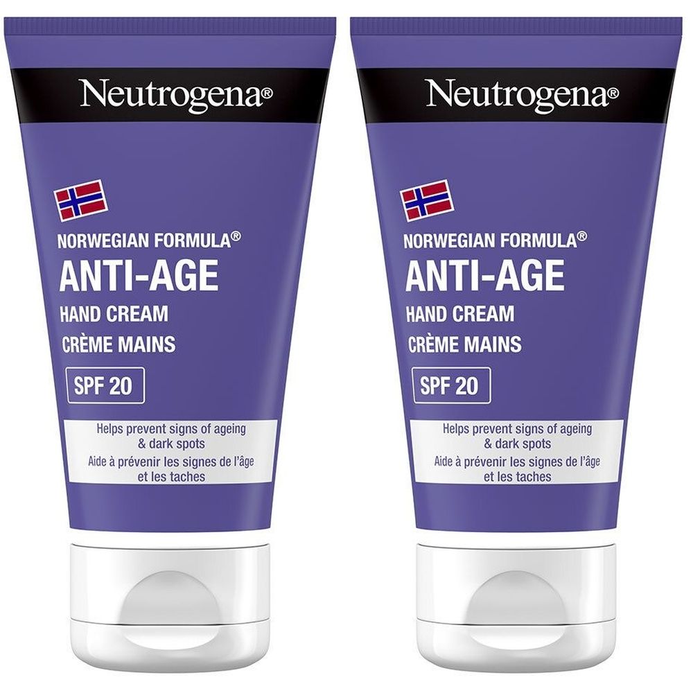 Deux tubes de crème pour les mains. Tubes violets avec bouchon blanc. Inscription : Neutrogena, Anti-Age, SPF 20. Drapeau norvégien.