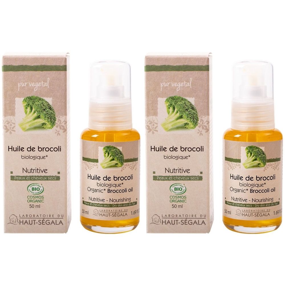 Trois flacons d'huile de brocoli biologique avec emballage en carton. Inscription : Huile de brocoli biologique, Nutritive, 50 ml, COSMOS ORGANIC.