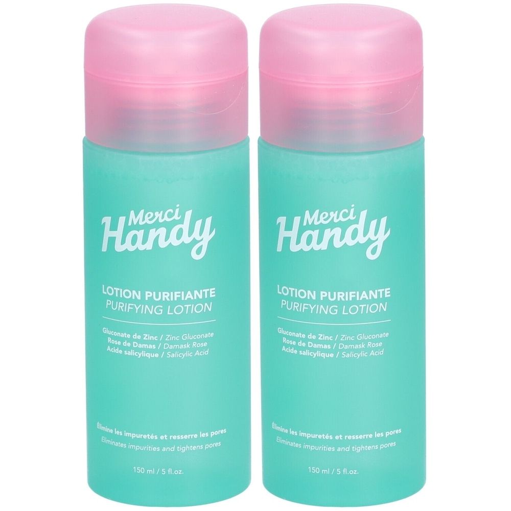 Deux flacons de MERCI HANDY Lotion purifiante. Flacons turquoise avec bouchons roses. Inscription : Lotion purifiante, ingrédients.