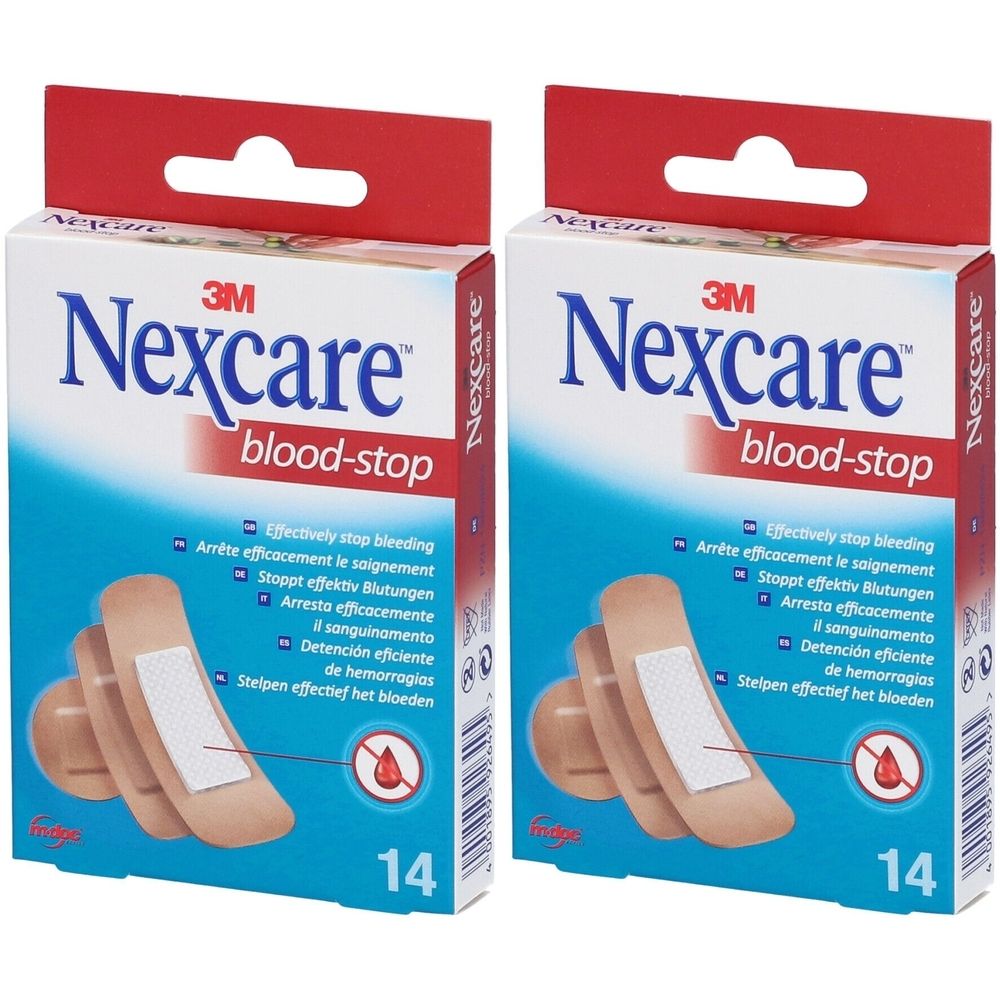 Deux boîtes de pansements Nexcare blood-stop. Chaque boîte contient 14 pansements. Inscription : 3M, Nexcare, blood-stop.
