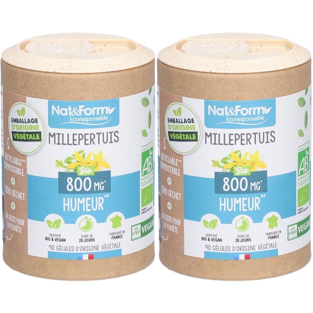 Deux boîtes cylindriques "Nat&Form Millepertuis Bio Humeur". Inscription "800 MG" et "VEGAN". Emballage d'origine végétale.