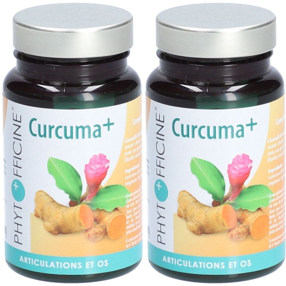 Deux flacons avec couvercles argentés. Inscription Curcuma+ et Phytofficine. Illustration de curcuma, feuilles et fleur.