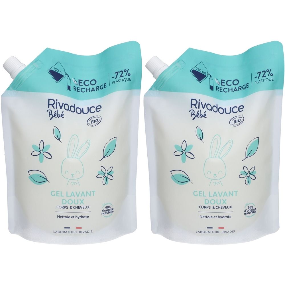 Deux recharges de gel lavant Rivadouce Bébé. Texte: Gel Lavant Doux, Corps & Cheveux. Illustrations de lapin et fleurs. Recharge éco.