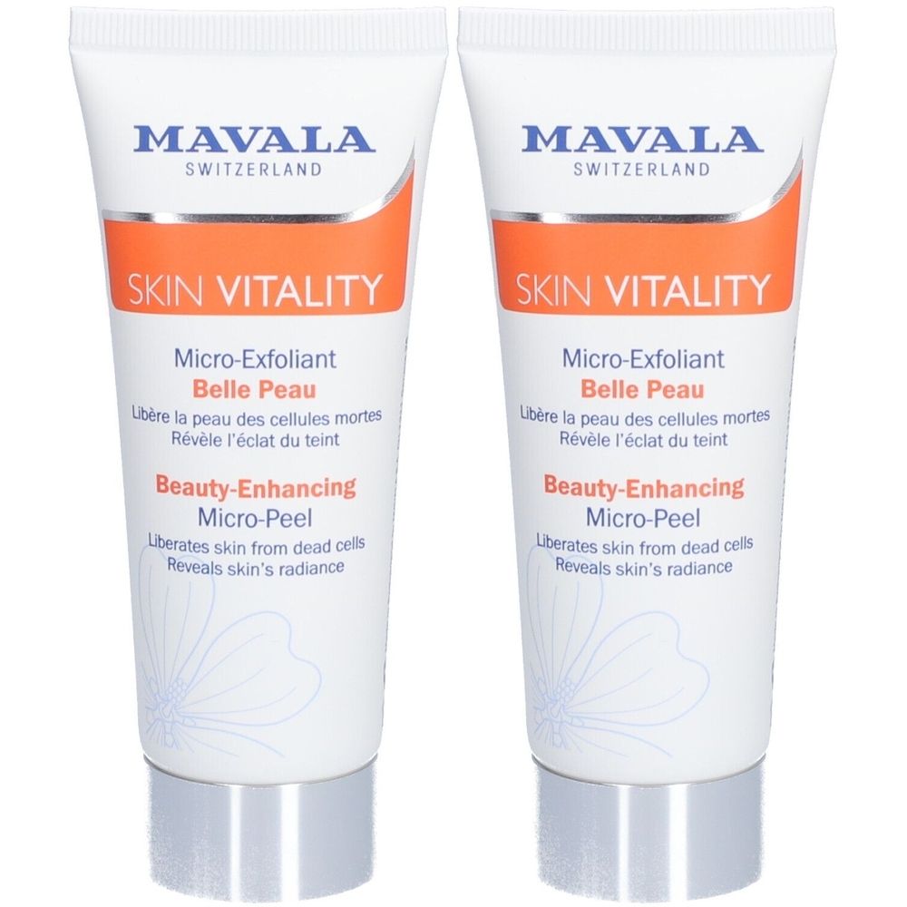 Deux tubes de MAVALA Skin Vitality Mikro-Peeling Belle Peau. Tubes blancs avec bande orange et texte. Nom du produit et description.