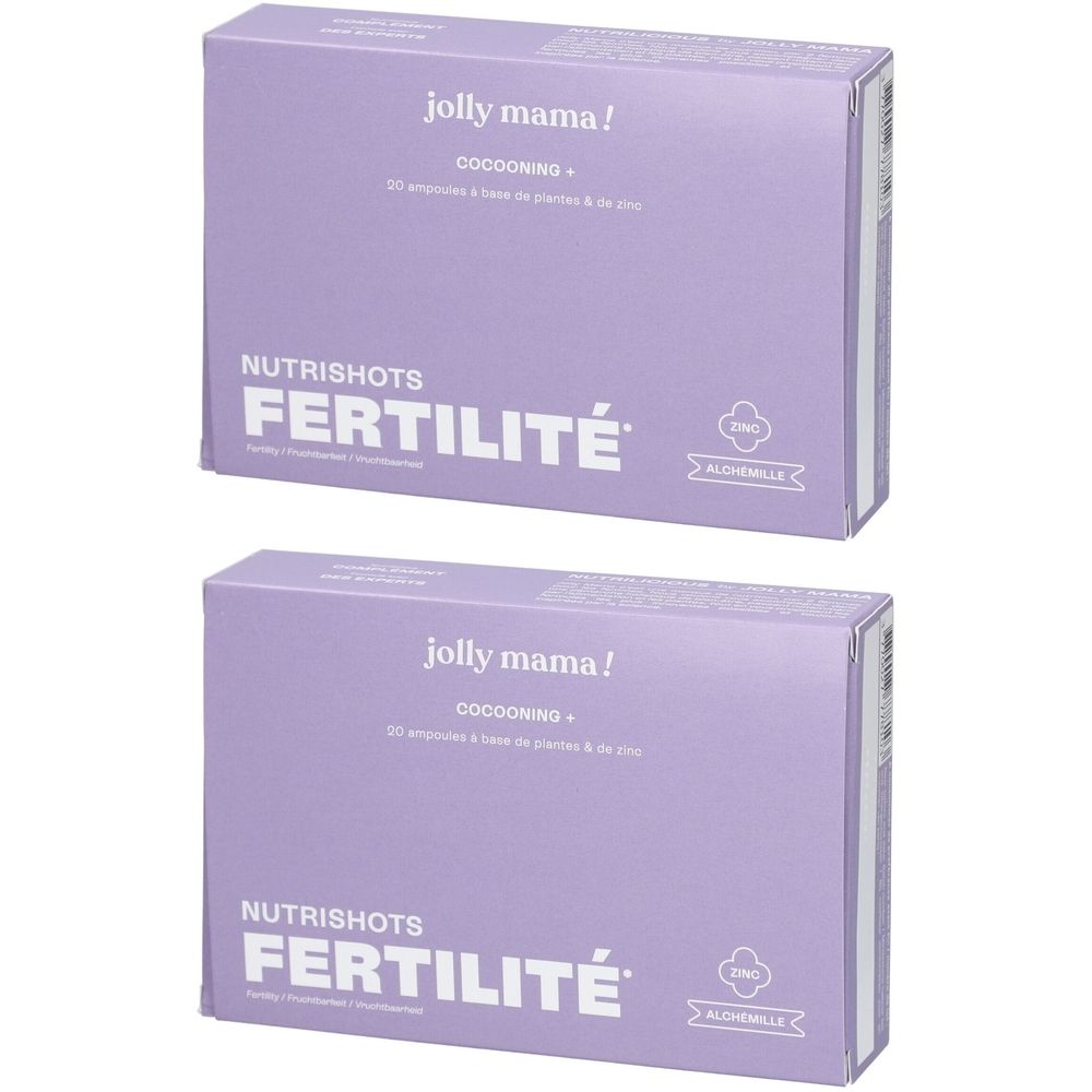Deux boîtes lilas. Inscription: Nutrishots Fertilité, jolly mama! Cocooning +. Contient 20 ampoules. Marque Alchémille.