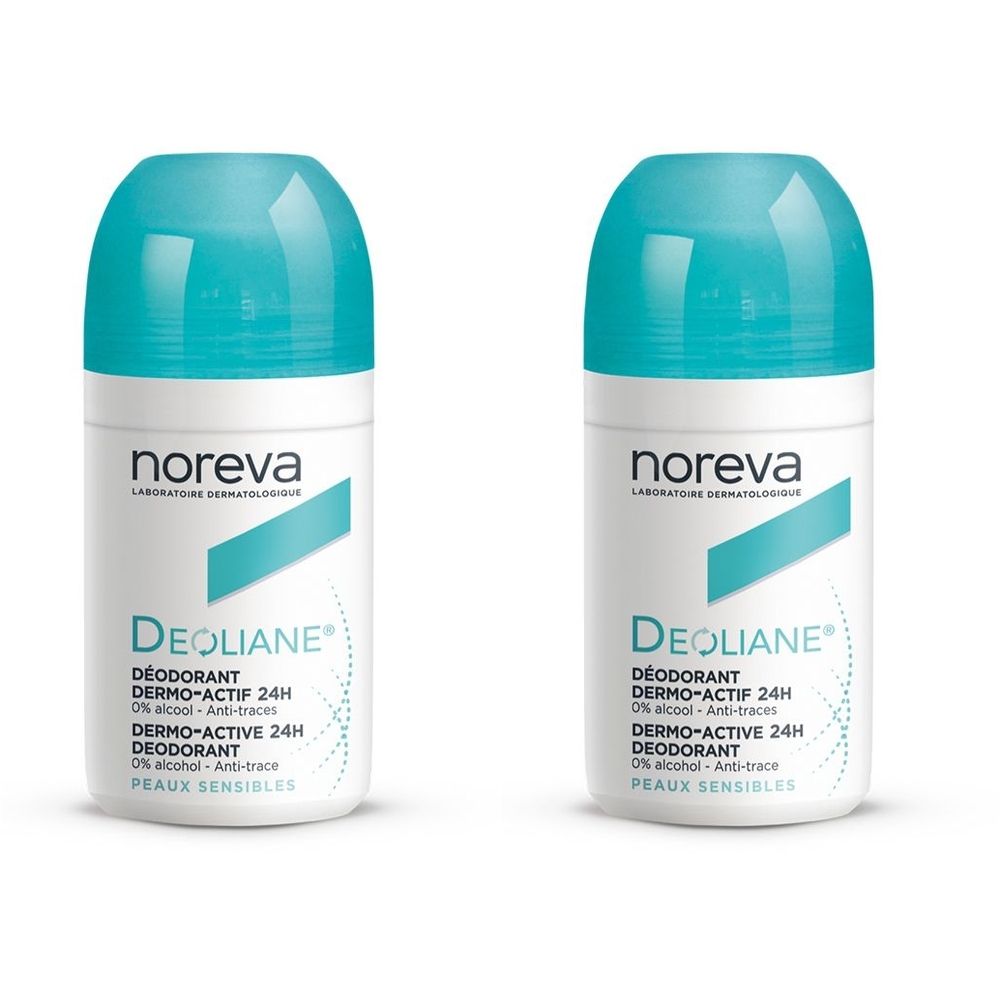 Deux déodorants roll-on blancs avec bouchons turquoise. Inscriptions : Noreva, Déolian, Dermo-Actif 24H, Peaux Sensibles.